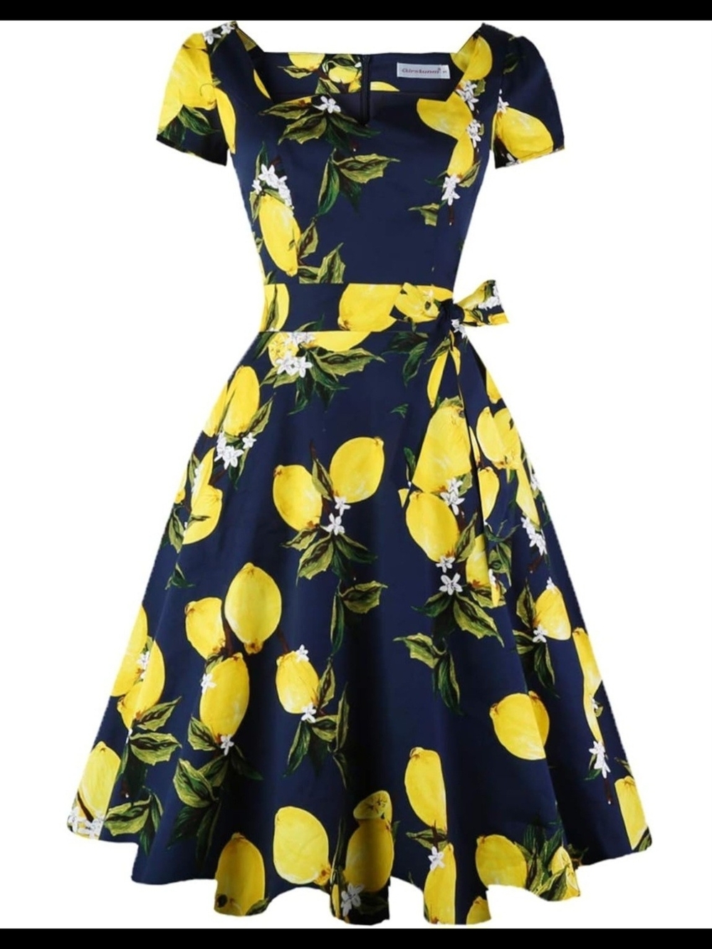 Navy & Yellow Lemon-Print Midi Dress with Waist Tie